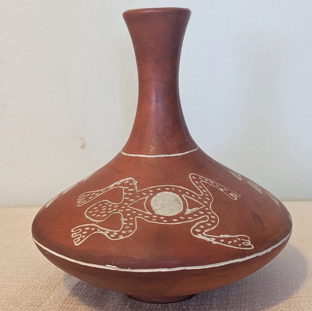 1977 Handcrafted  Terracotta Etched Vase with Frog Design